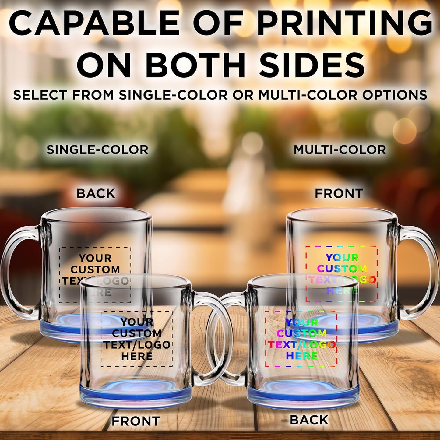 Custom Libbey Clear Glass Coffee Mugs 13 oz. Set of 10, Personalized Bulk Pack - Perfect for Coffee, Tea, Espresso, Hot Cocoa, Other Beverages - Blue Bottom