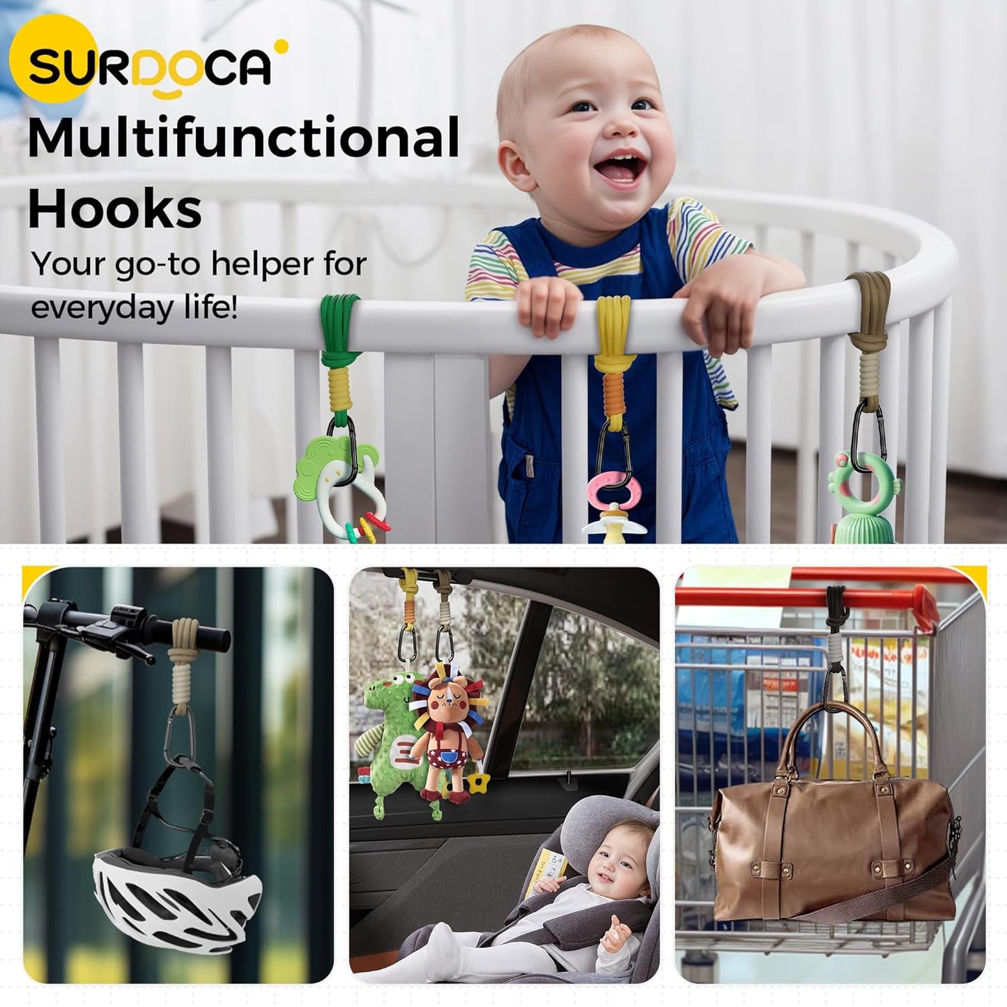 SURDOCA Baby Stroller Hooks, Stroller Clips and Hooks for Diaper Bag, Mommy Bag Hook for Stroller Heavy Duty, Universal Stroller Hanger and Strap, Stroller Accessories for Mom