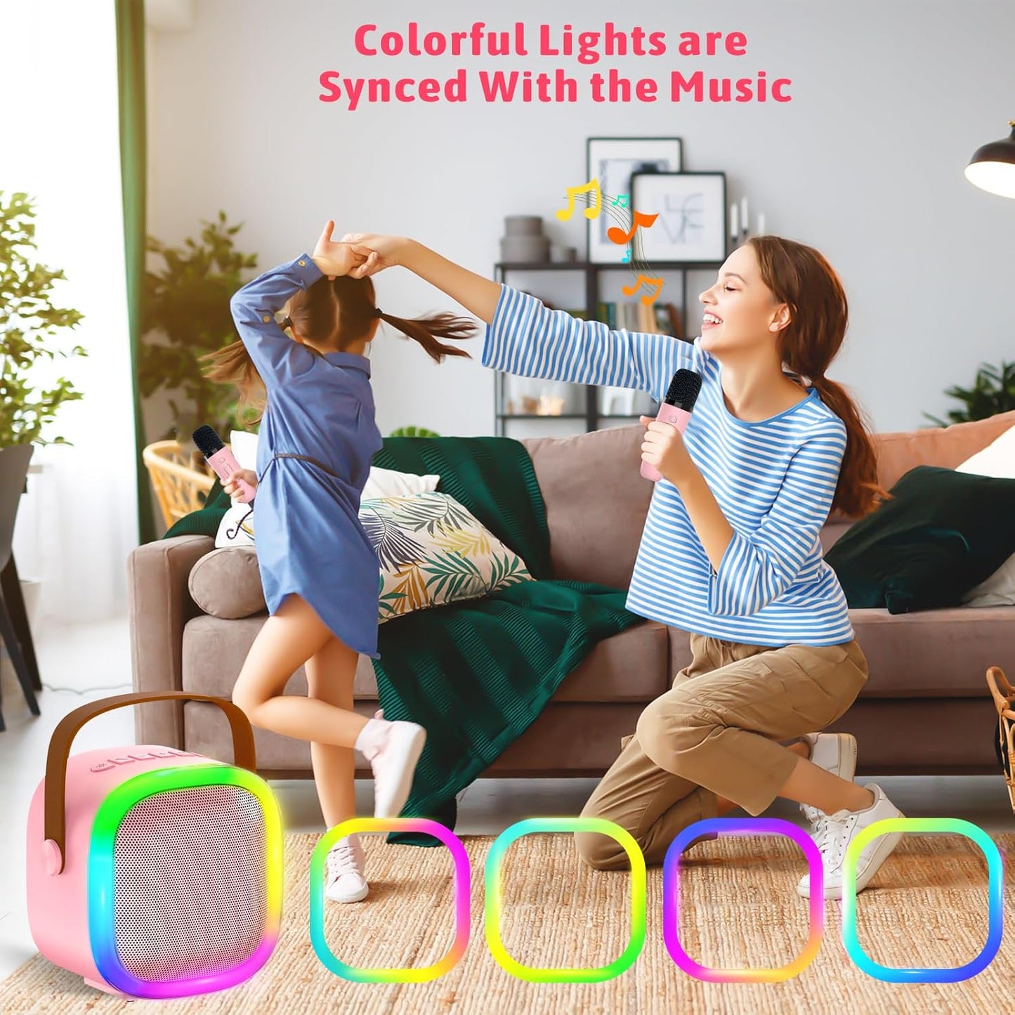 Karaoke Machine for Kids Adults, Portable Bluetooth Speaker with 2 Wireless Microphones and LED Lights, Kids Toys Birthday Gifts for Girls Boys Ages 4, 5, 6, 7, 8,9,10,11,12+ Years