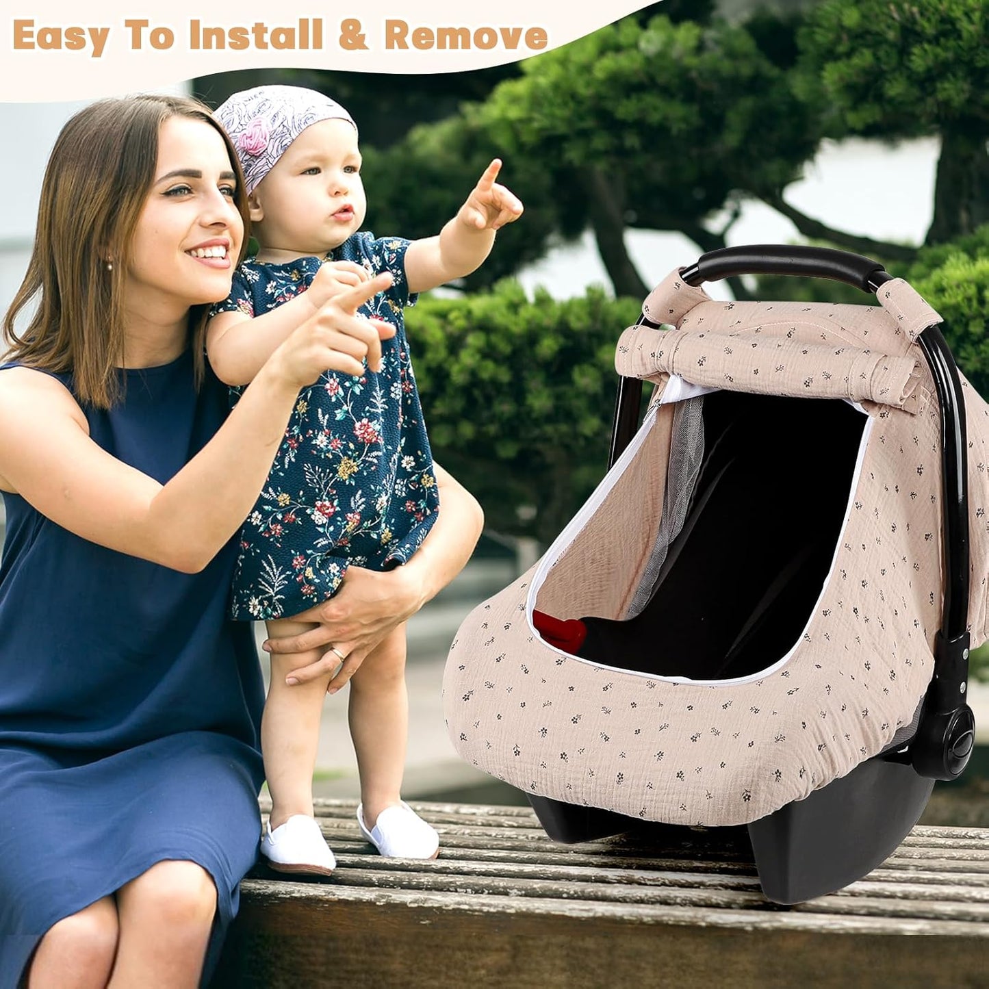 Car Seat Cover Baby, HNHUAMING Muslin Cotton Carseat Covers for Babies Girls Boys Summer Infant Car Seat Covers Canopy, Cozy Newborn Carseat Covers Stroller Cover with Breathable Mesh Window, Brown