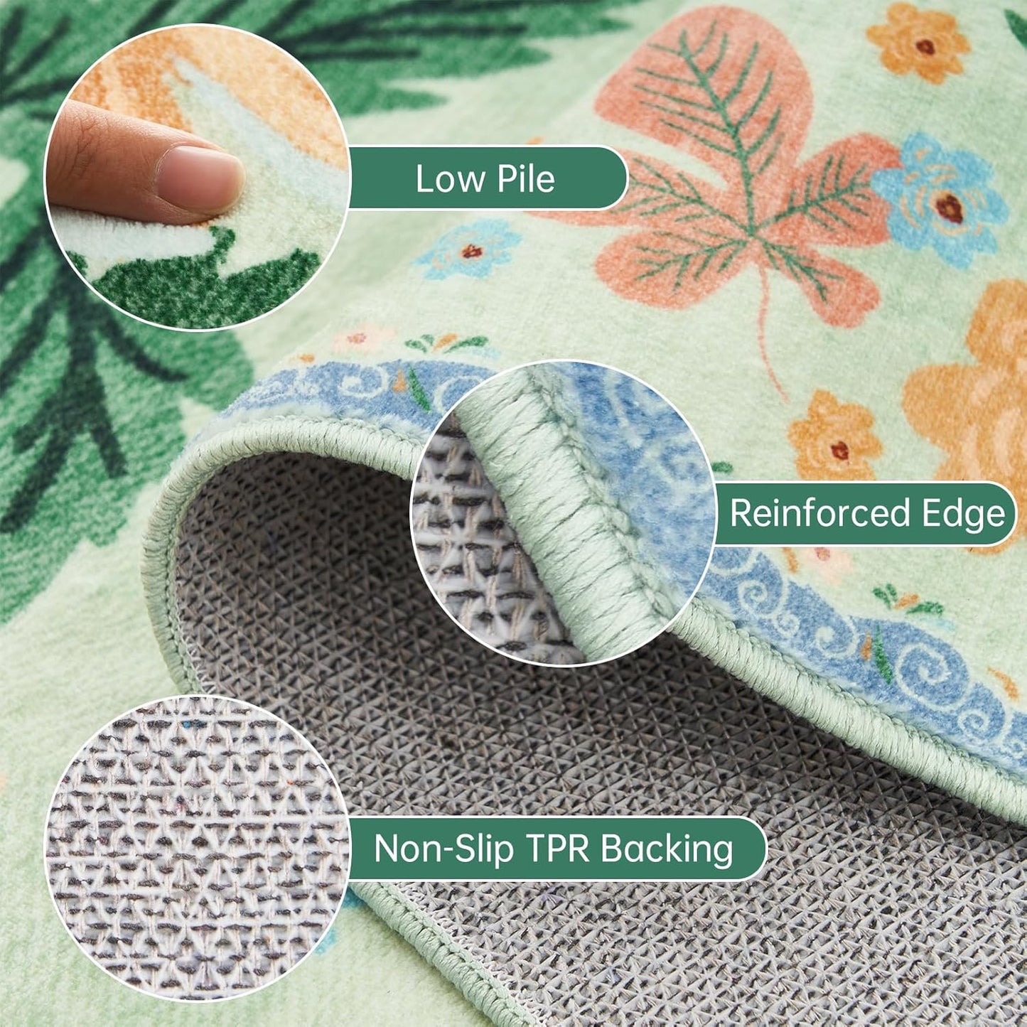 3x5 Rug for Living Room Washable Non Slip with Rubber Backing Soft Faux Fur Low Pile Stain Resistant Small Area Rug 3x5 Boho Vintage Floral Carpet Rug for Bedroom Kitchen Entrance,Green