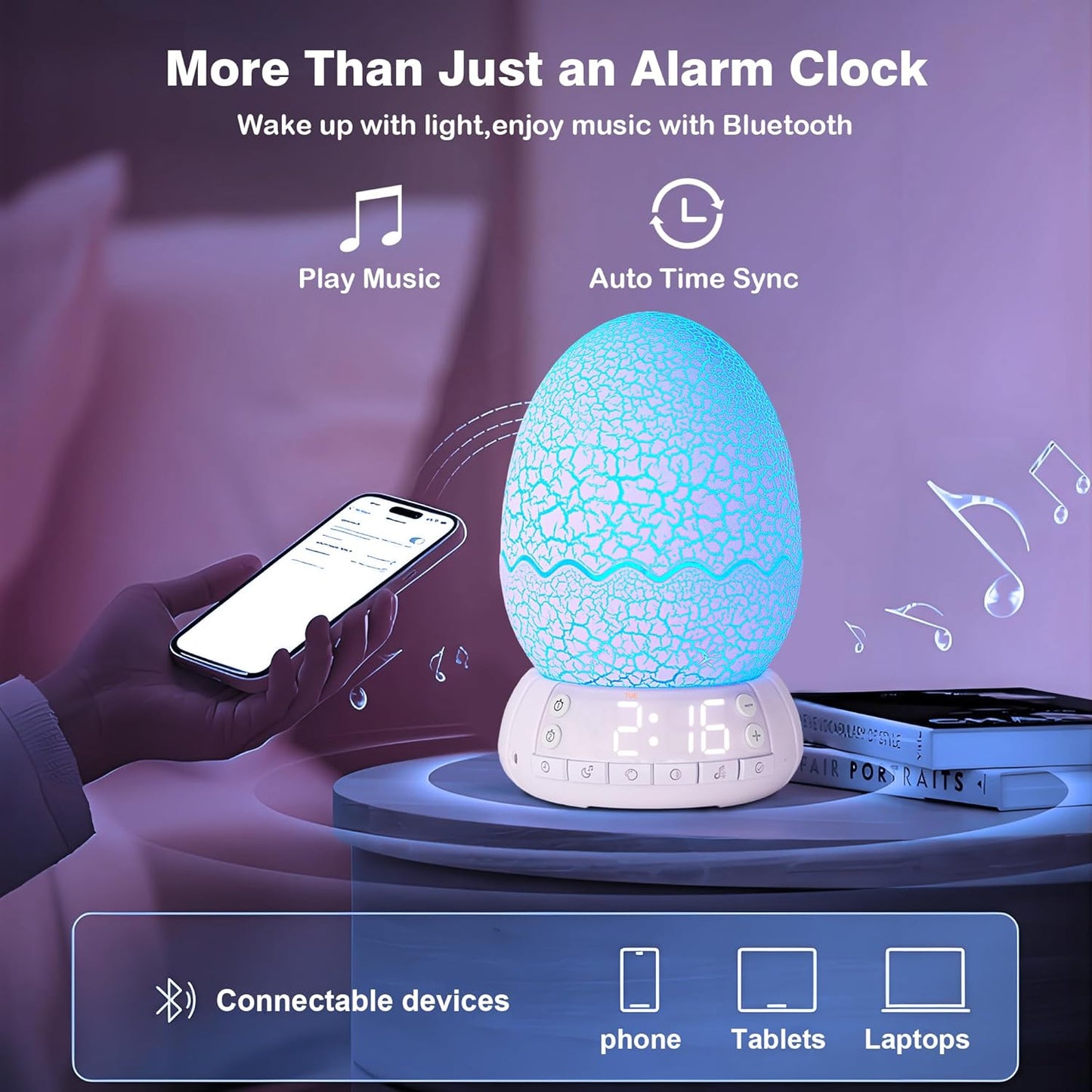 Kids Fun Alarm Clock with Night Light for Bedroom,16 Sleep Sounds Noise Machine& Bluetooth Speaker, 8-Color Dimmable Wake-Up Light with 10/30/60 Minutes Timer, Egg Decorative Light Gift for Boys Girls