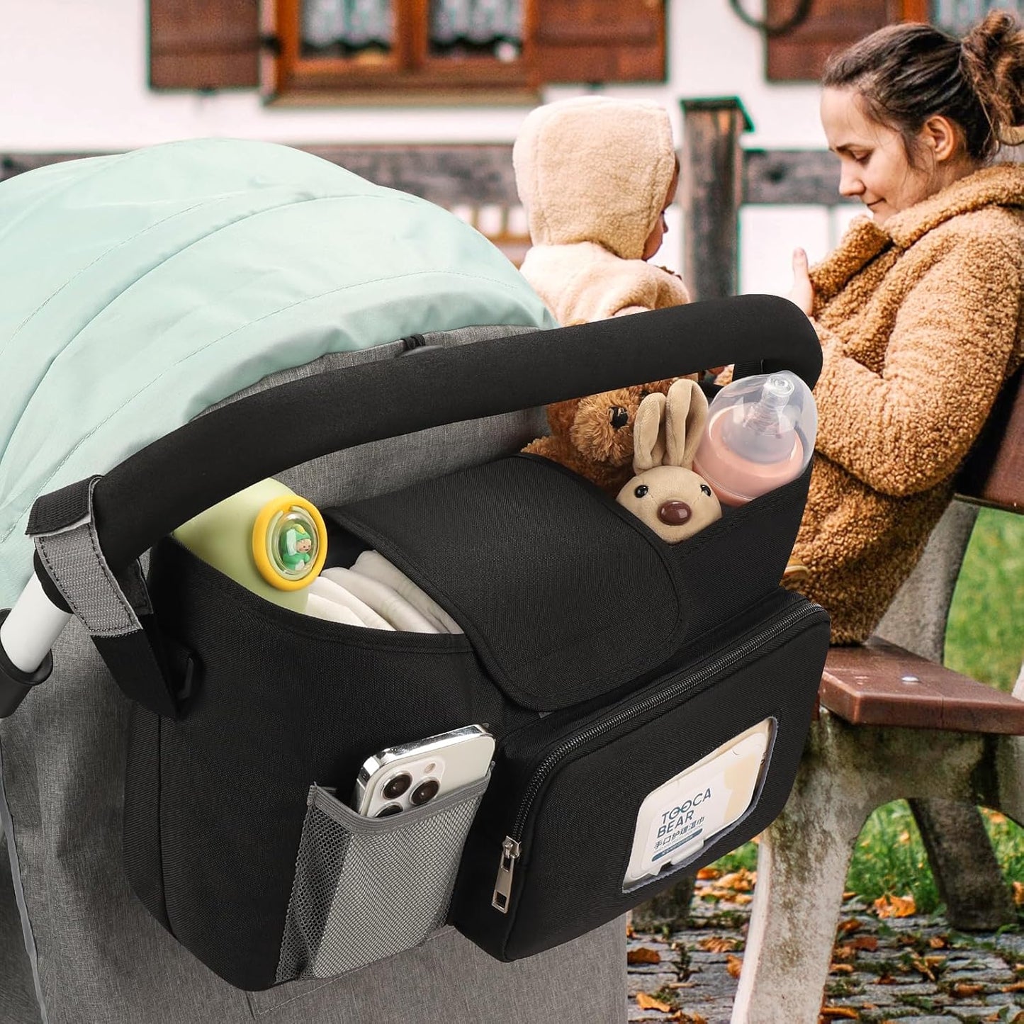 Accmor Universal Stroller Organizer with Insulated Cup Holder, Stroller Caddy Bag Accessories, Stroller Cup Holder Organizer for Uppababy Baby Jogger Britax Stroller, Black