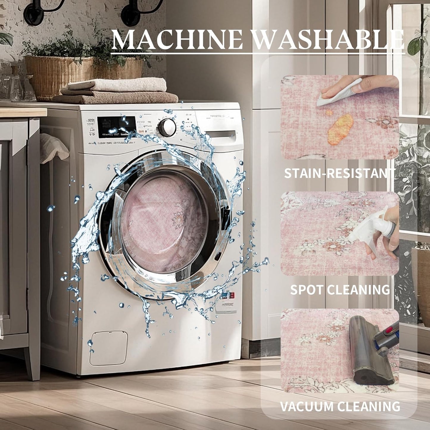 4x6 Area Rug Washable: Oriental Soft Area Rug for Living Room Bedroom No Shedding - Low Pile Thin Carpet Rug for Dining Room Non Slip - Boho Vintage Rug for Home Decor - Soft Pink