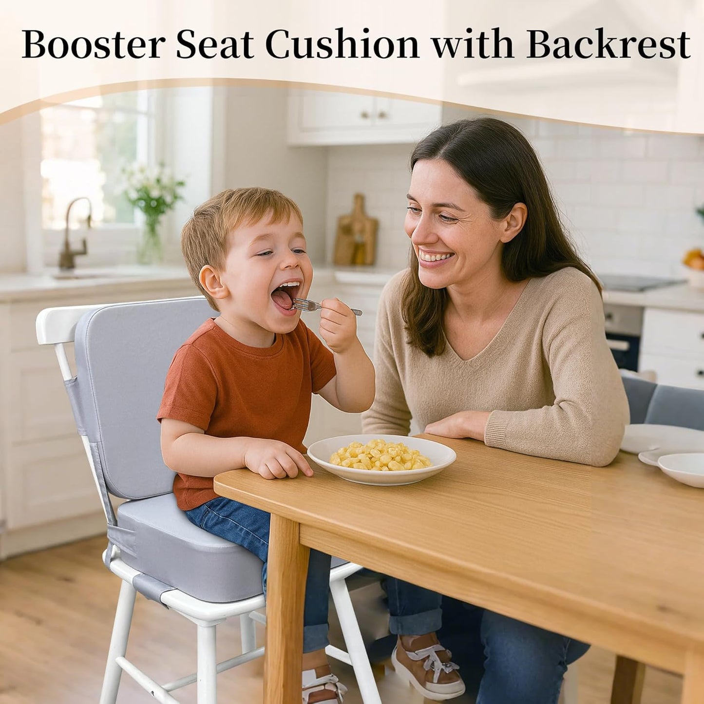 Toddler Booster Seat for Dining Table with Backrest and Adjustable Straps, Waterproof Oxford Foam Cushion with Non-Slip Bottom, Portable Chair Booster for Kitchen Use (Grey)