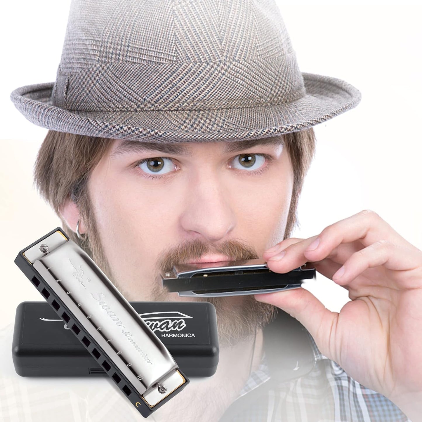 SWAN Blues Harmonica C Key for Kids Adults, 10 Hole Diatonic Harmonica Key of C, Metal Blues Harp for Beginners Students, Mouth Organ in Case, Silver