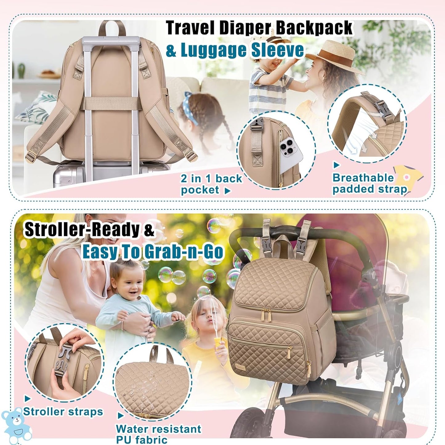 Weitars Diaper Bag Backpack Large Baby Diaper Bag with Changing Pad Travel Diaper Backpack,Baby Bag for Boys Girls,Stroller Straps,5 Insulated Pockets (Khaki)