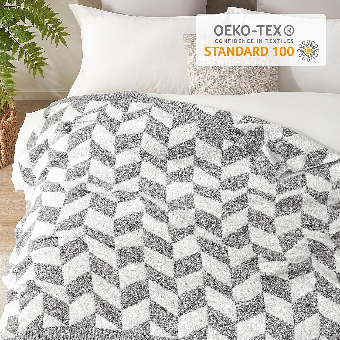 Snuggle Sac Chevron Throw Blanket for Couch, Reversible Super Soft Warm Blankets Cozy Knit Fuzzy Plush Lightweight Throws for Sofa, Bed, Camping,Grey,50x60 inches