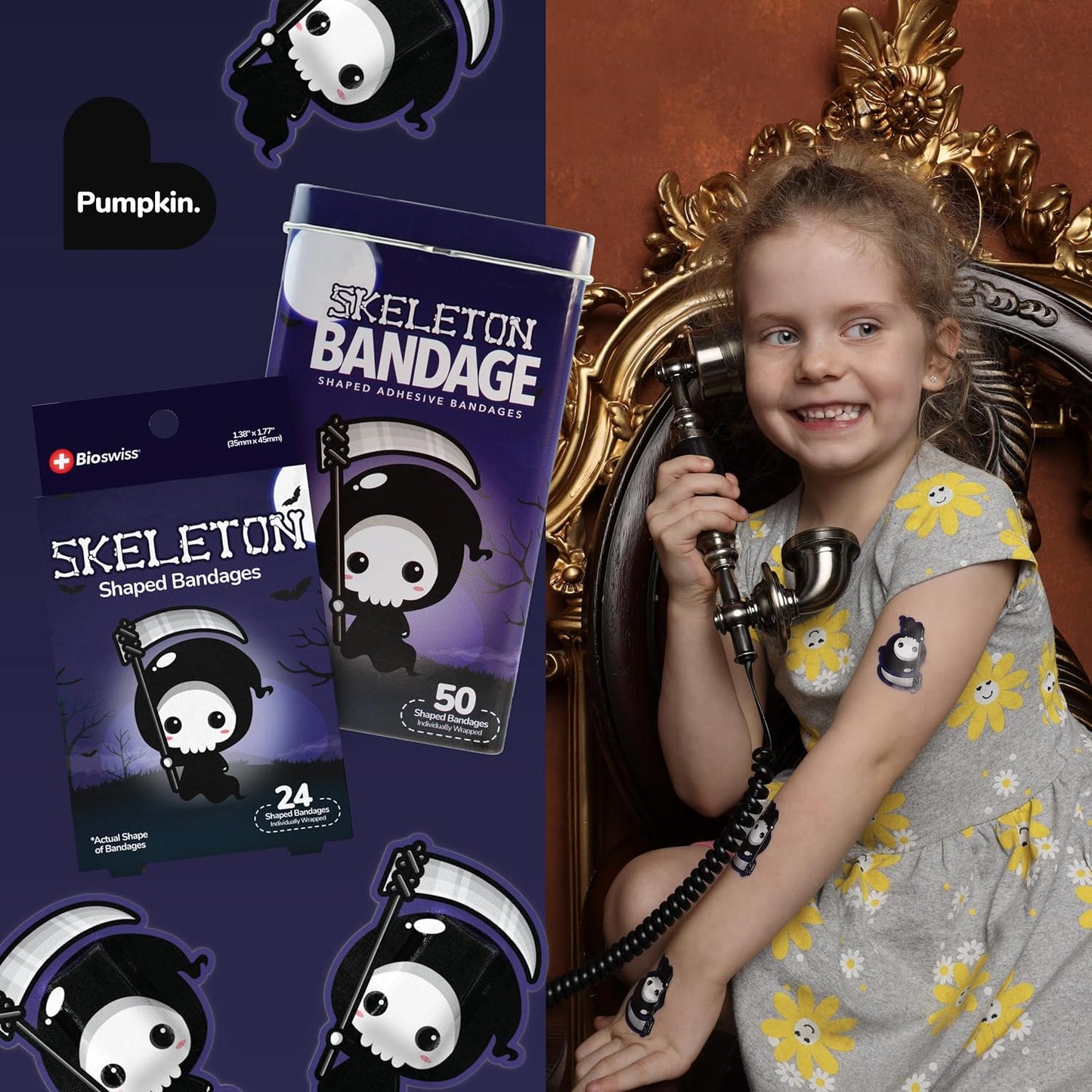 BioSwiss Bandages, Halloween Skeleton Shaped Self Adhesive Bandage, Latex Free Sterile Wound Care, Fun First Aid Kit Supplies for Kids, 24 Count