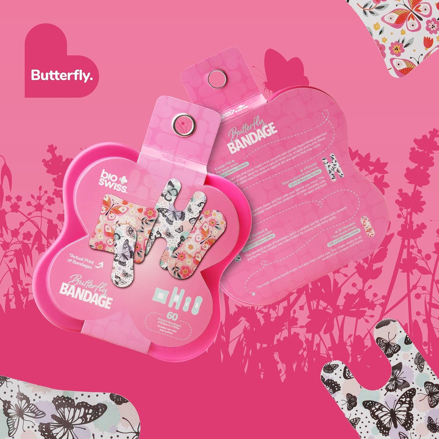 BioSwiss Bandages, Assorted Size Butterfly Print Self Adhesive Bandage, Latex Free Sterile Wound Care, First Aid Kit Supplies for Kids and Adults, 60 Count