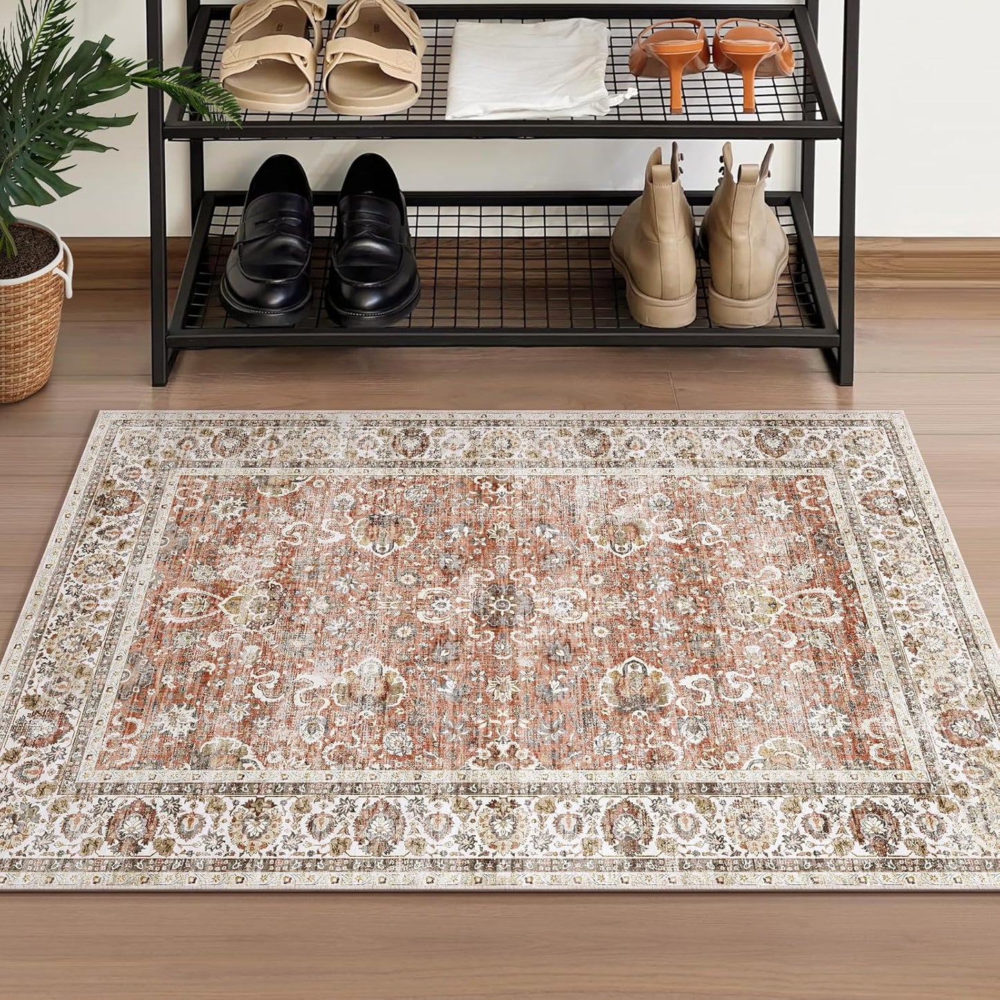 Deerly 2x3 Entry Rugs Small Area Rugs for Bedroom Living Room Bathroom Kitchen, Small Soft Rugs Low Pile Non-Slip Rubber Backing Oriental Door Mat, Brick Red