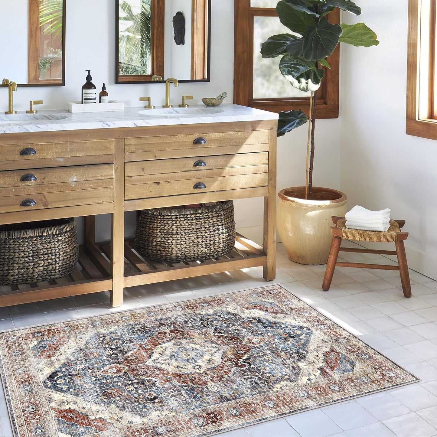 Deerly 3x5 Area Rug with Non-Slip Backing, Washable Rugs for Bedroom Living Room Kitchen, Distressed Carpet Printed Low-Pile Soft Dorm Rug Room Decor(Border Brown/Navy Blue)