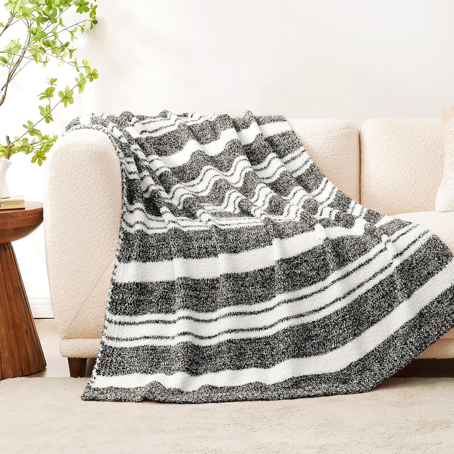Snuggle Sac Black White Stripe Twin Size Reversible Super Soft Bedding Blanket, 60x80 inches