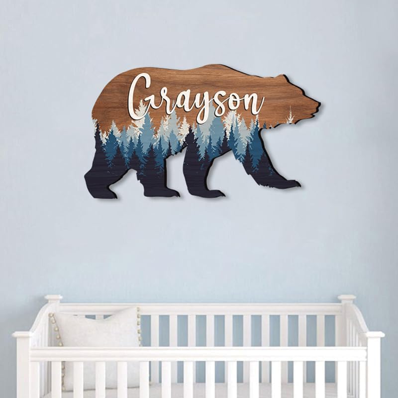 Personalized Baby Name Signs for Nursery, for Kids Room Bear Wooden Nursery Decor, Woodland Animal Decor, Baby boy Forest Themed Gift/6
