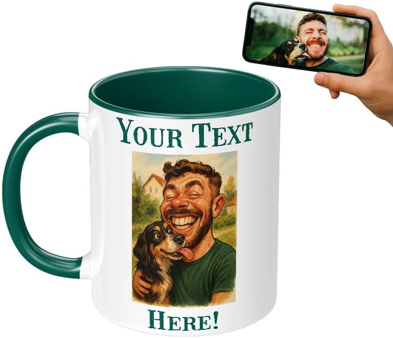 Personalized Coffee Mug, Custom Photo Caricature Gift, Funny Customized Coffee Gift for Men & Women, Custom Mugs with Pictures, Green 11oz Customized Fathers Day Mug