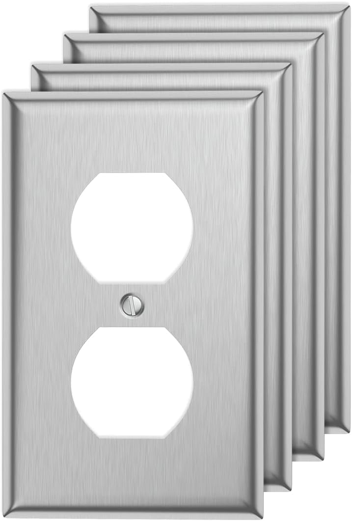 4-Pack Single Duplex Wall Switch Plate Outlet Cover - Stainless Steel Decorator Receptacle Outlet Plate Covers - Brushed Finish - Silver