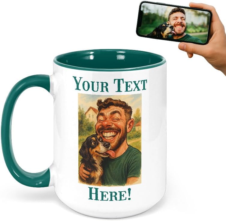 Personalized Coffee Mug, Custom Photo Caricature Gift, Funny Customized Coffee Gift for Men & Women, Custom Mugs with Pictures, Green 15oz Father's Day Mug