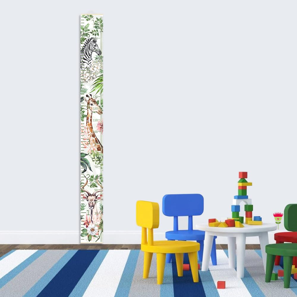 Kids Height Wall Chart Watercolor Flower and Animal Height Measurement for Wall Growing Chart for Childrens Room Decor- Giraffe, Zebra, Antelope Print Growth Chart for Room Décor