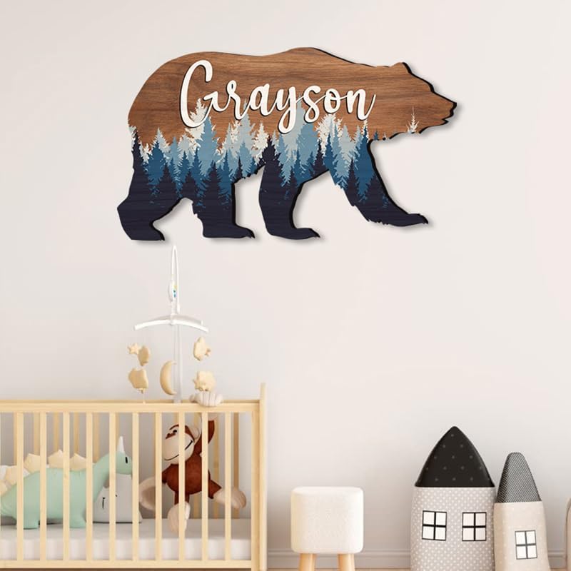Personalized Baby Name Signs for Nursery, for Kids Room Bear Wooden Nursery Decor, Woodland Animal Decor, Baby boy Forest Themed Gift/6