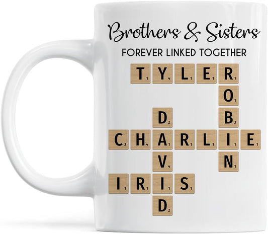 Trending Custom Brothers And Sisters Forever Linked Together Crossword Puzzle Art Personalized Mug, Gift For Brothers, Sisters, Siblings, Family Member on Birthday Christmas