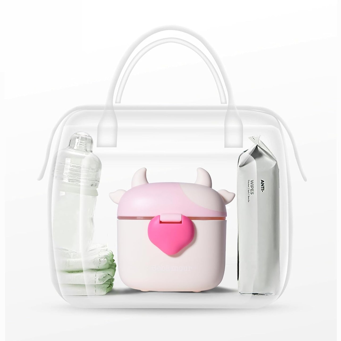 Bebamour Baby Formula Dispenser On The Go, Formula Container to Go, Formula Holder for Travel, Candy Fruit Snack Storage Container with Scoop and Leveller (Light Pink Cow)