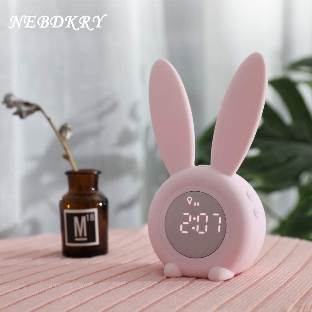 KDtech Kids Alarm Clock with Night Light 6 Ringtones, Cute Pink Bunny Digital Alarm Clock for Kids, Touch Control and Rechargeable Sleep Trainer Clock for Boys Girls Bedroom