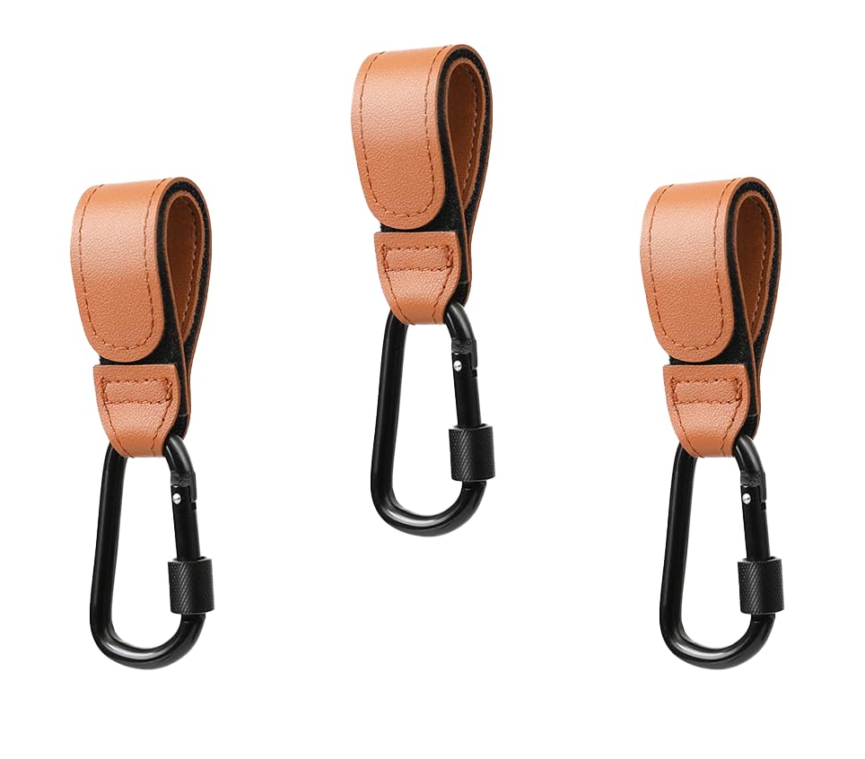 3 Pcs Baby Stroller Hook, Carry 20 lbs per Stroller Carabiner Clip, Adjustable Baby Stroller & Car Seat Hook for Hanging Diaper Bag, Wheelchair, Shopping and Pet Cart(Leather)
