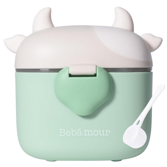 Bebamour Baby Formula Dispenser On The Go, Formula Container to Go, Formula Holder for Travel, Candy Fruit Snack Storage Container with Scoop and Leveller (Light Green Cow)