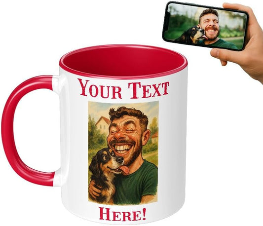 Personalized Coffee Mug, Custom Photo Caricature Gift, Funny Customized Coffee Gift for Men & Women, Custom Mugs with Pictures, Red 11oz Customized Ceramic Tea Cup