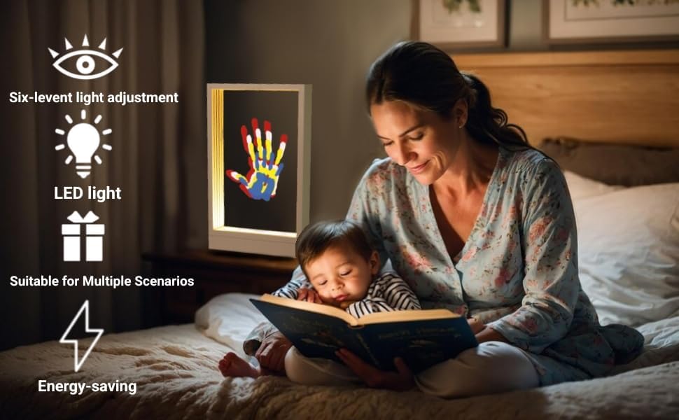 CHERRY CHEERS Family Handprint Kit with Light, Handprint Keepsake Frame, Wooden Led Light, Easy Install, No Need Screw etc, Non-Toxic Paints (White)