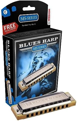 Hohner 532 Blues Harp MS Harmonica - Key of E Bundle with Case, Key Stickers, Harmonica Beginner Online Manual, and Austin Bazaar Polishing Cloth