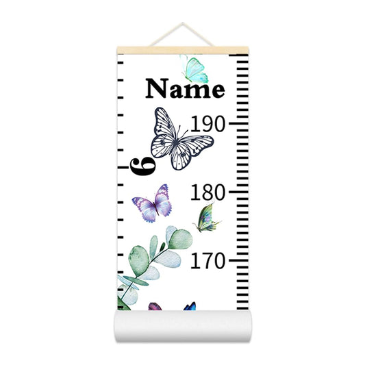 Personalized Growth Chart for Kids, Baby Height Chart with Custom Name, 77"x7.9" Canvas & Beige Wood Height Measuring Rulers for Boys Girls Removable Wall Ruler Hanging for Nursery Decor - Butterfly