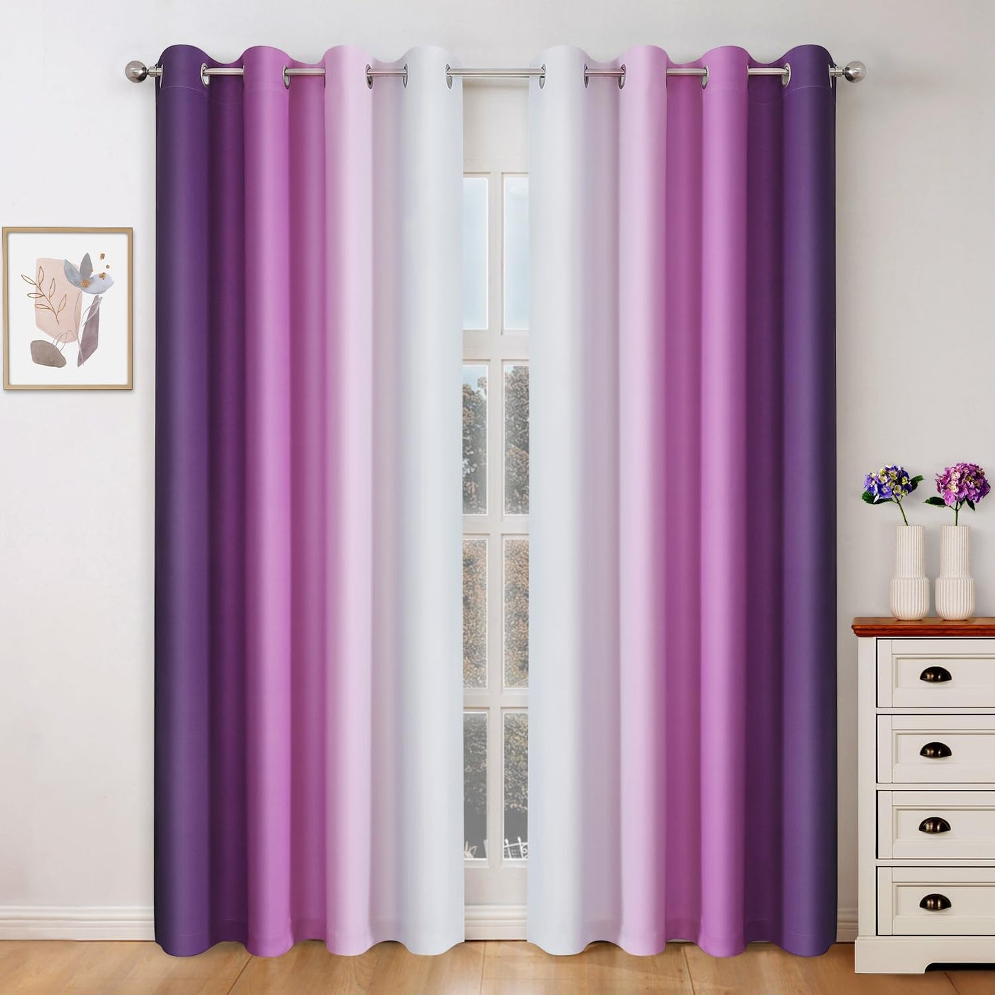 HOMEIDEAS Purple Ombre Blackout Curtains, 52 X 96 Inch Length Gradient Color Room Darkening Curtains with Grommet Thermal Insulated Window Drapes for Living Room, Bedroom, 2 Panels