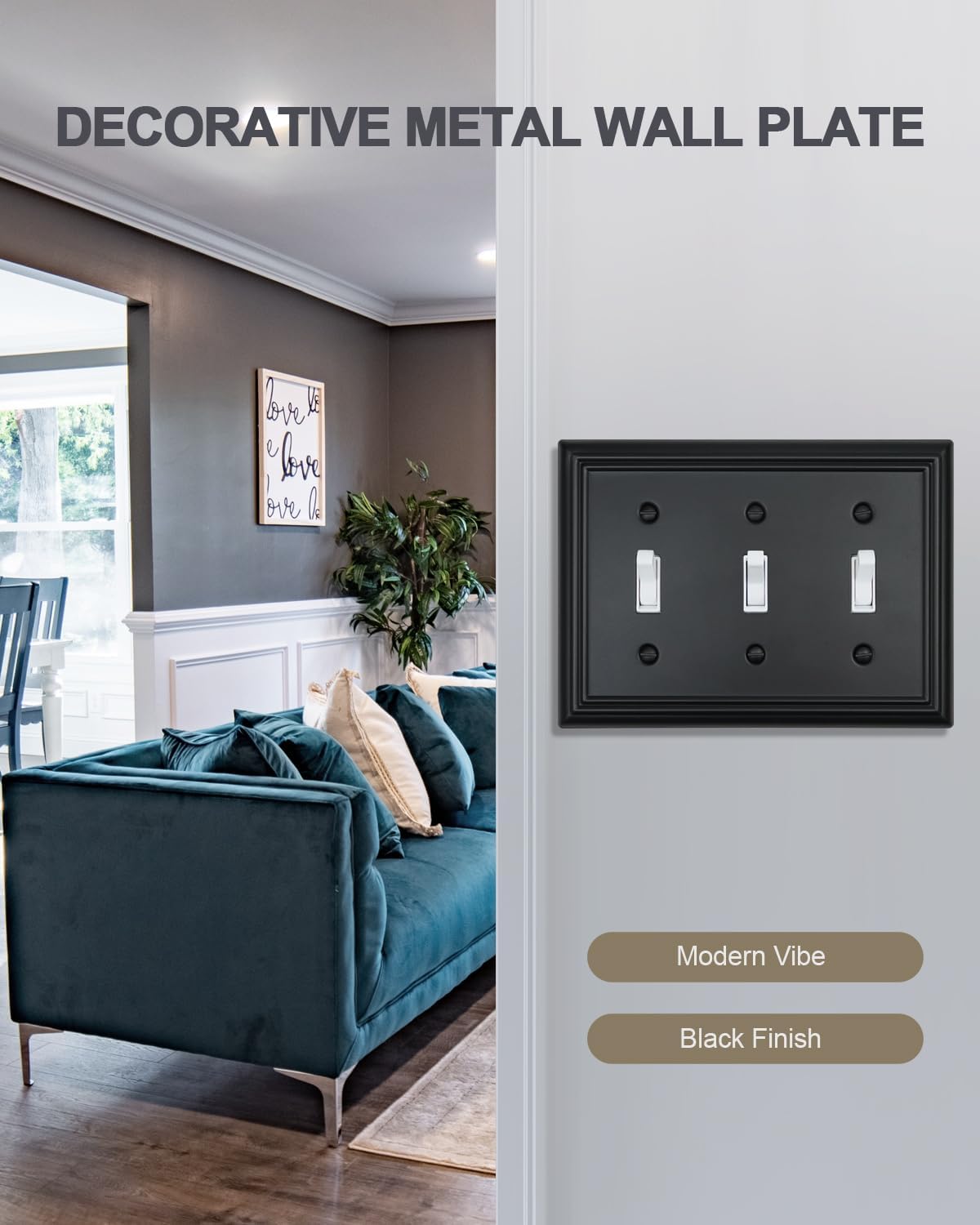 2-Pack Triple Toggle Wall Plates, Black Light Switch Covers, Decorative Switch Plate Covers, Durable Metal, 6.77''*4.88'', Midsize