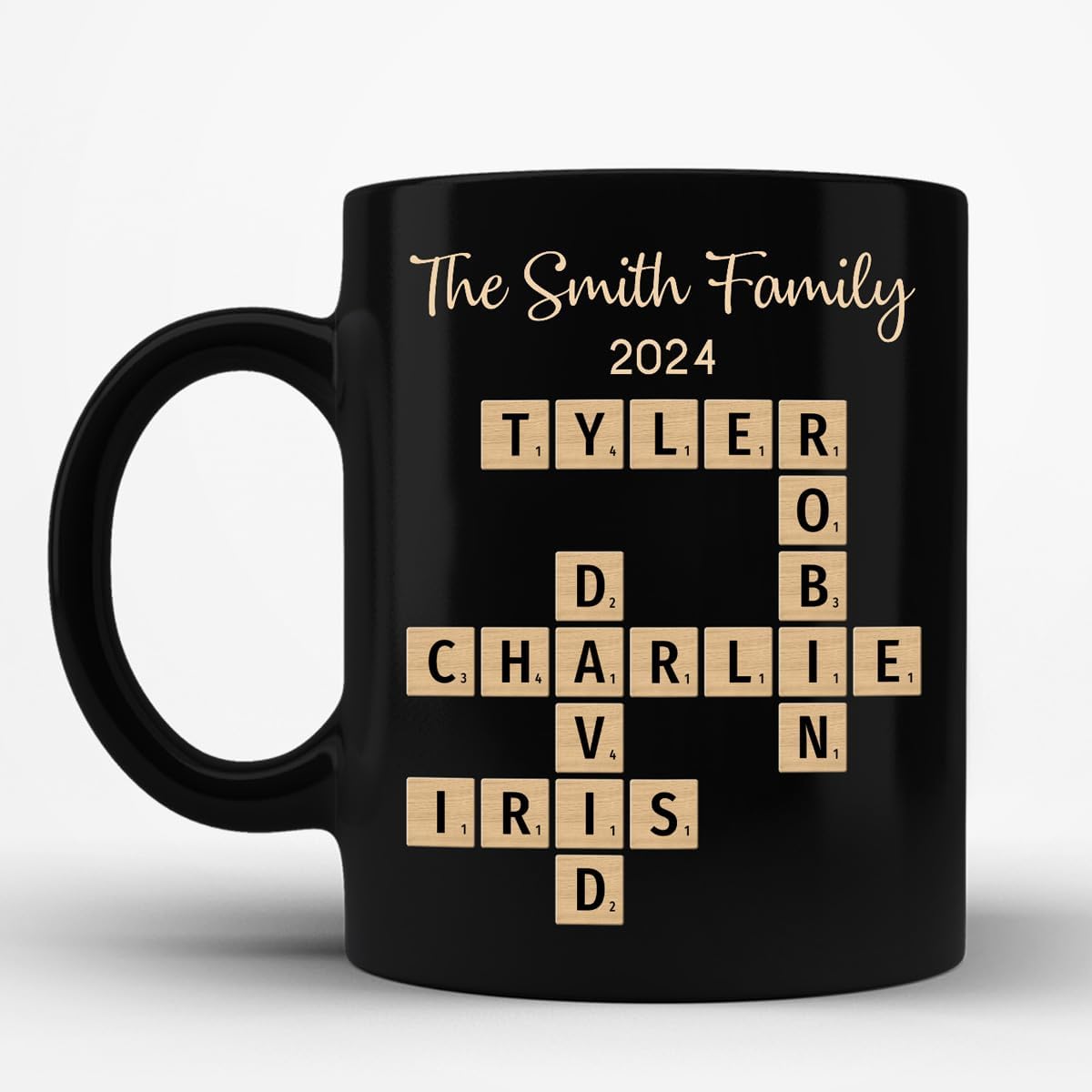 Family Forever Linked Together Custom Names Ceramic Mug, Crossword Puzzle Art, for Birthday, Anniversary or Special Occasions (Family Forever Linked Together Black Mug)