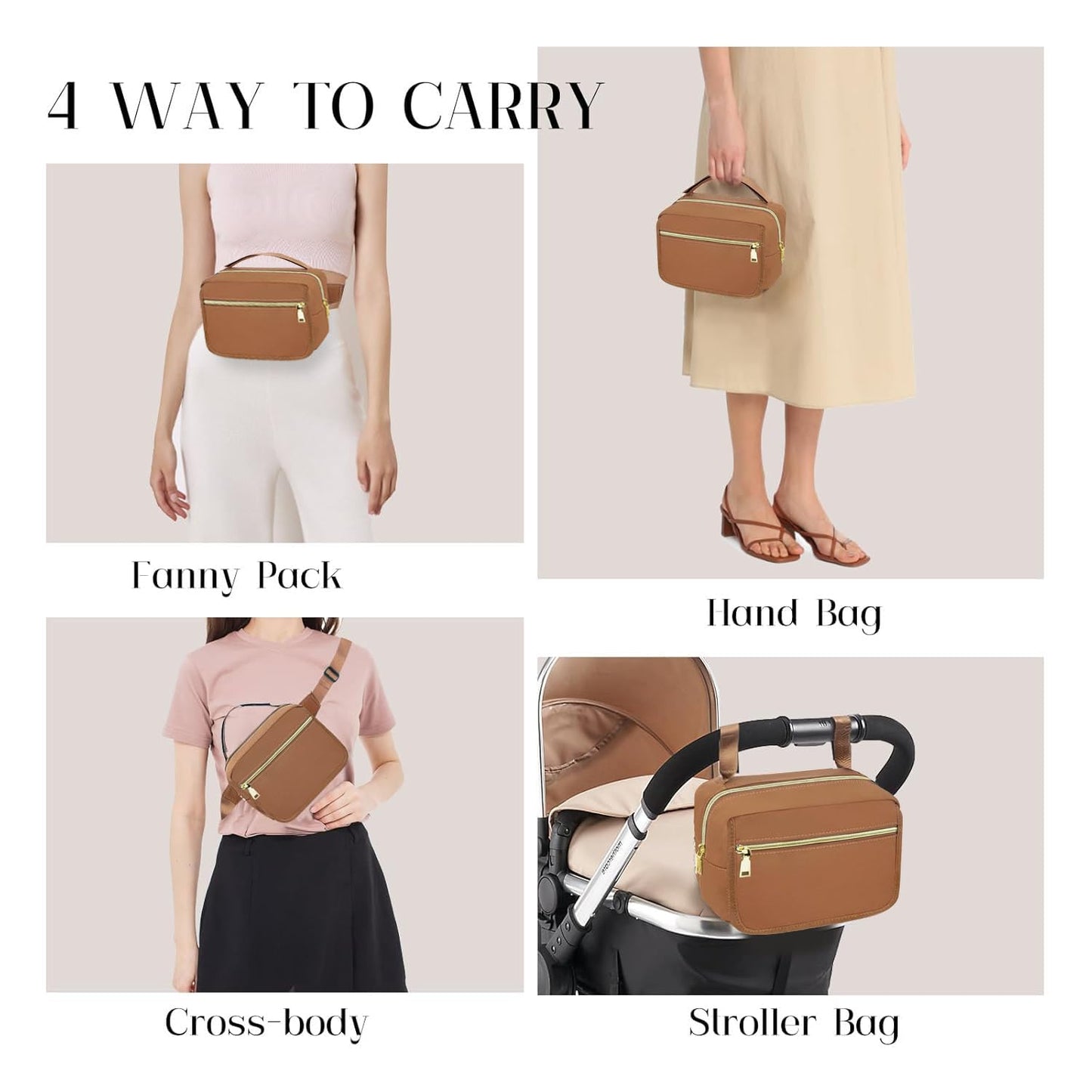 printe Small Diaper Bag with Portable Changing Pad, Crossbody Women Waist Bag with Wipes Pocket for Travel, Stroller Diaper Funny Pack, Brown