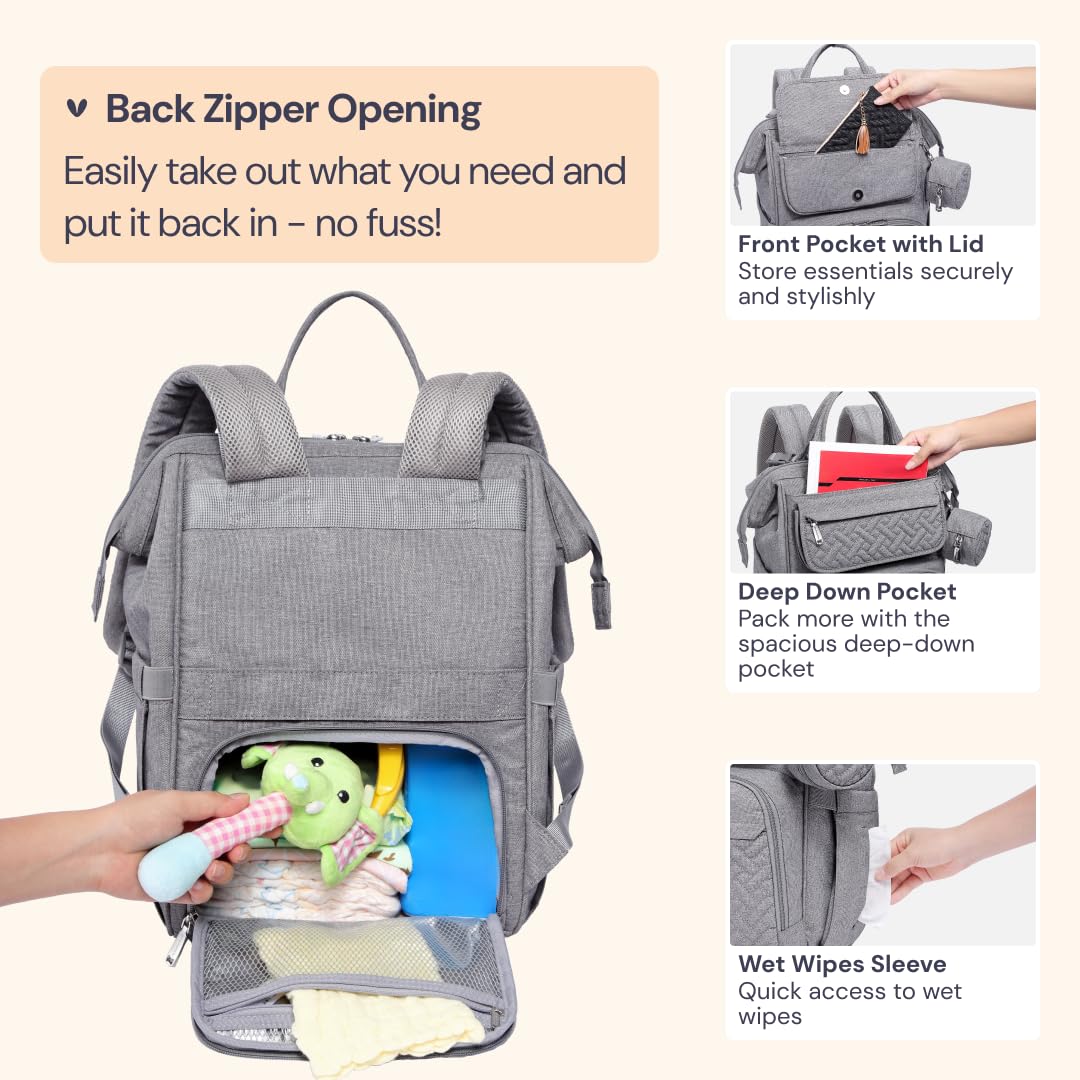 BabbleRoo Diaper Bag Backpack, Multifunction Large Bags with Changing Pad & Stroller Straps & Pacifier Case, Unisex Stylish Travel Back Pack Nappy Changing Bag for Moms Dads (gray)