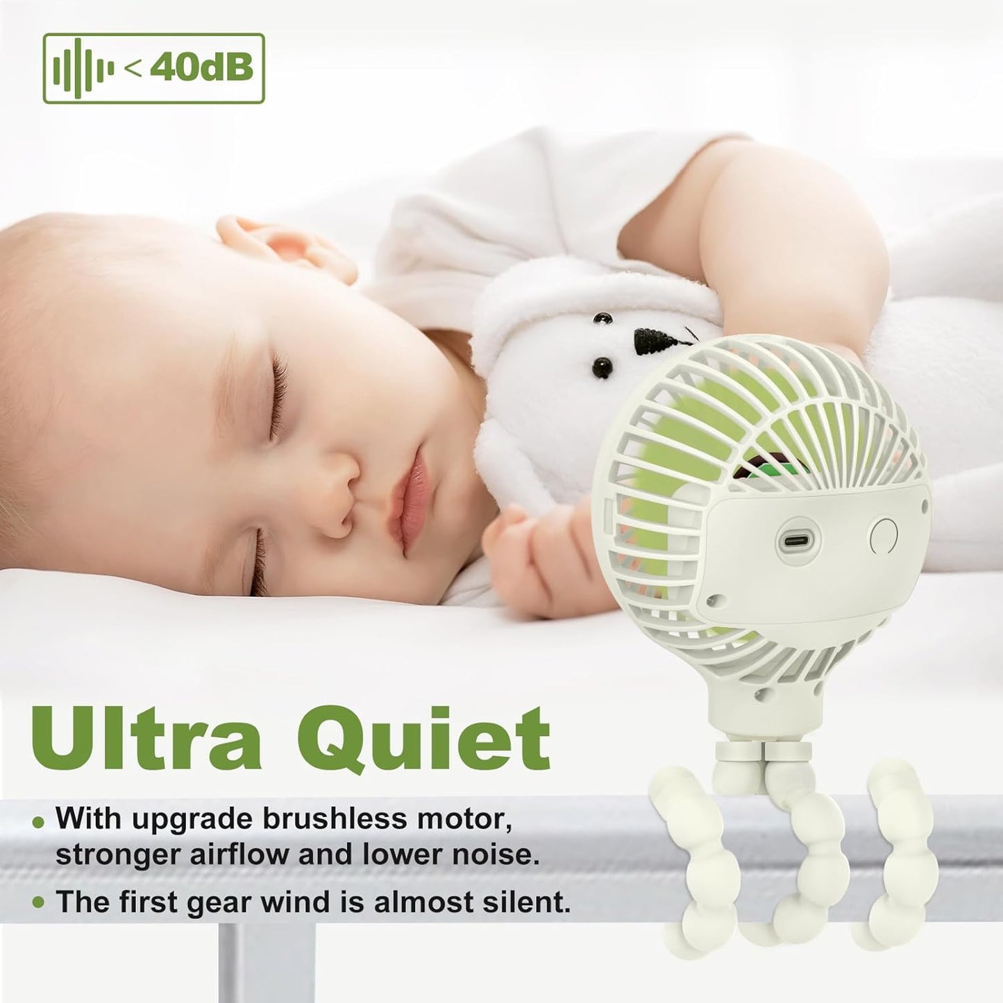 TRELC Mini Stroller Fan, 19H Ultra-long Battery Life, Personal Handheld Clip on Portable Rechargeable Fan with Flexible Tripod, Gift for Children Baby Office Room Car Travel BBQ Gym (White)