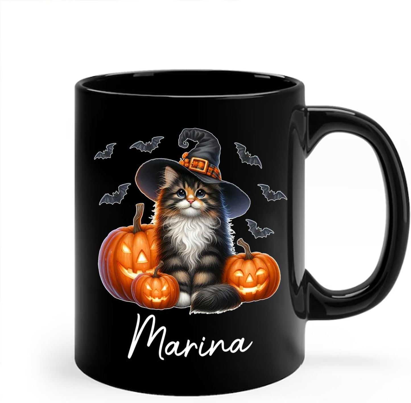 Personalized Name Norwegian Forest Halloween Coffee Mug, Custom Norwegian Forest Witch Hat Ceramic Cup, Cat with Pumpkins Mug 11oz 15oz, Halloween Cat Black Cup Gift for Boy Girl Pet Owner
