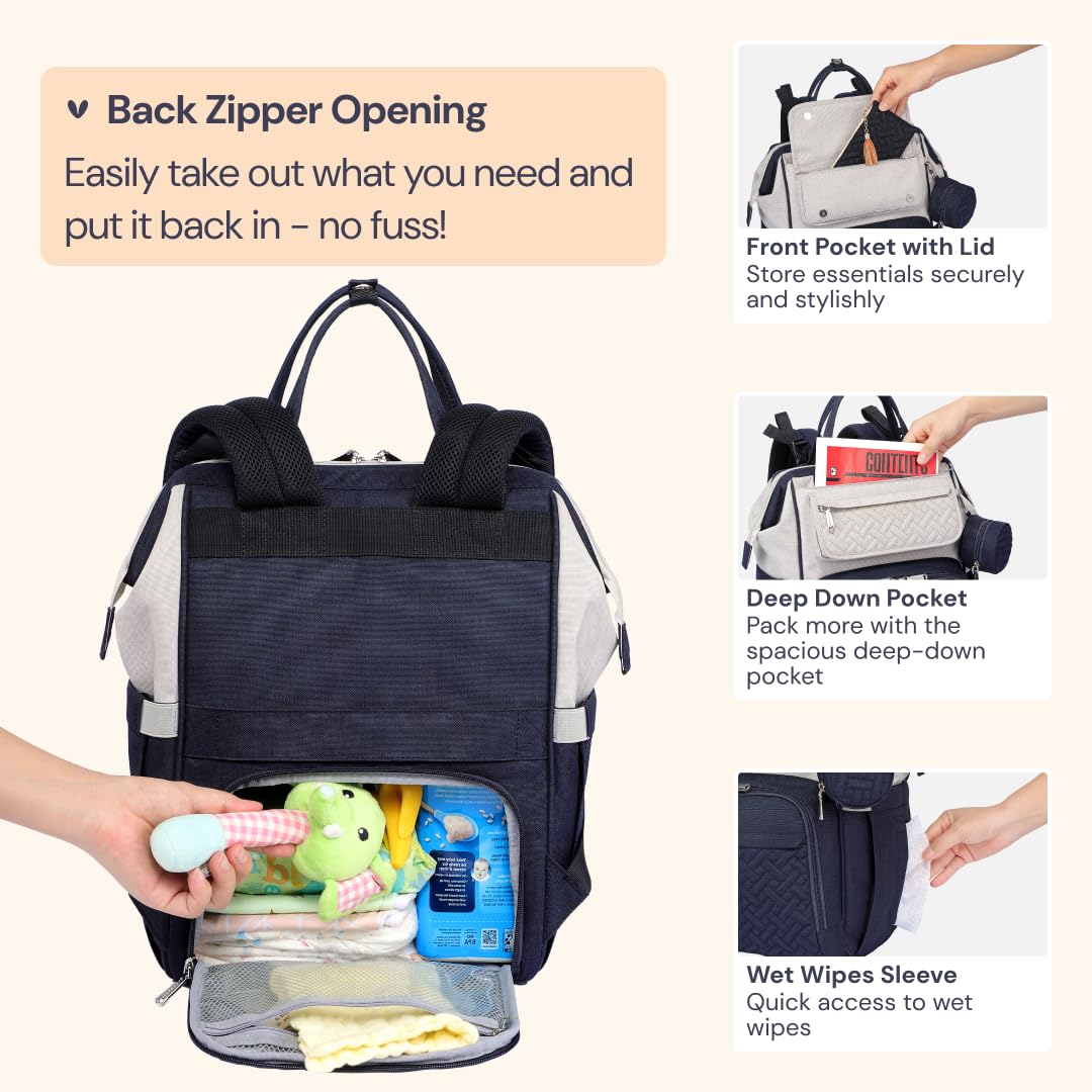 BabbleRoo Diaper Bag Backpack, Multifunction Large Bags with Changing Pad & Stroller Straps Pacifier Case, Unisex Stylish Travel Back Pack Nappy for Moms Dads (Stone Gray Blue)