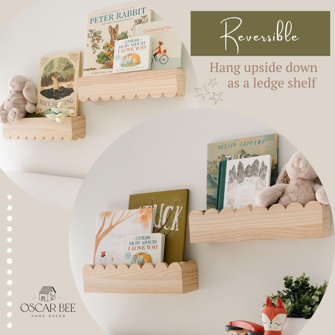 Set of 2 Scalloped Nursery Shelves – Preassembled Floating Cloud Wall Bookshelf for Kids, Baby & Toddler Room – Montessori Nursery Shelves – Kids Wall Book Shelf Display