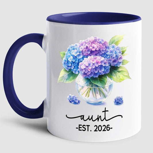 Personalized Year Name Aunt Coffee Mug Gift For Pregnancy Reveal Birthday, Customized Aunt EST 2026 Accent Cup, Hydrangea Auntie White Coffee Cup 11 15 Oz, Auntie to Be Mug Gift For Sister Besties