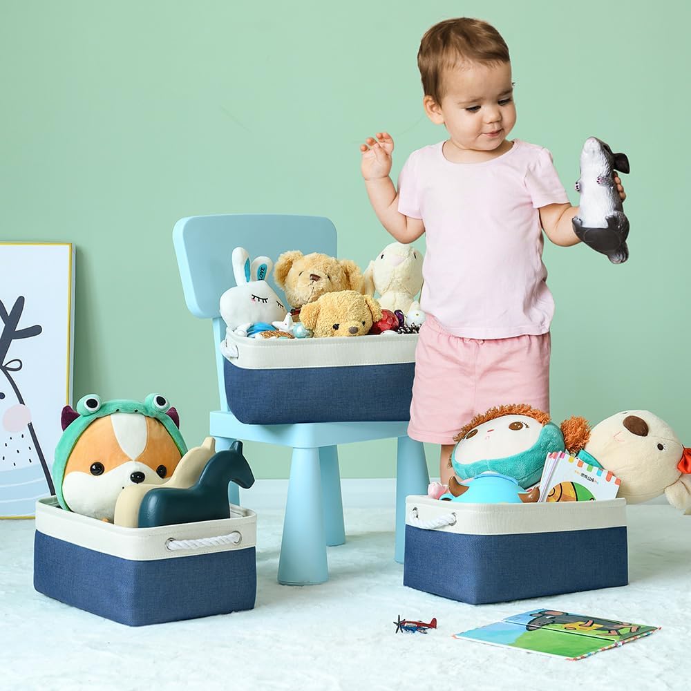 TheWarmHome Storage Bins for Shelves - 1 Pack 13.8x9.7x6.7 inch Collapsible Storage Basket for Organizing, Dog Toy Bin for Closet Organizer laundry Cloth Nursery (White & Jean Blue)