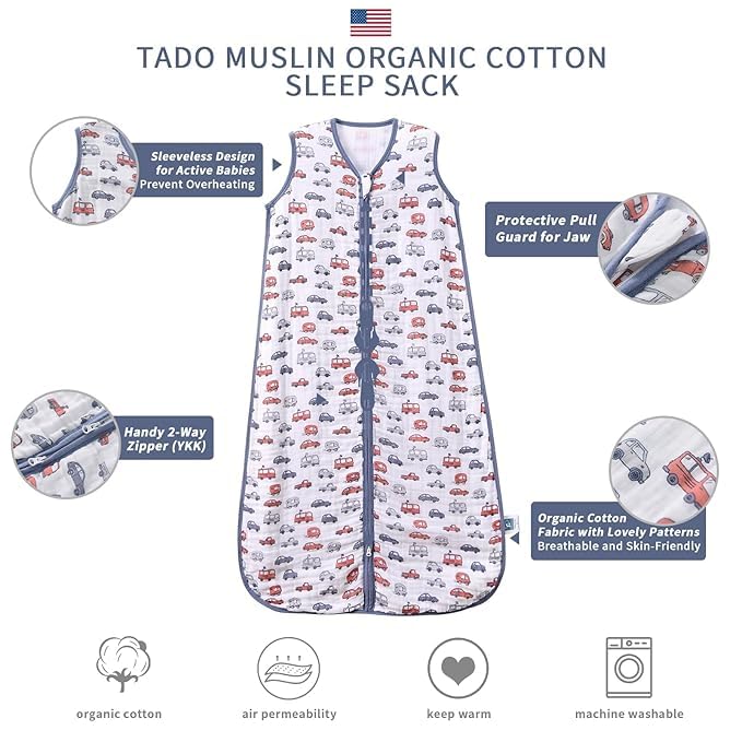 Baby Sleep Sack 0-6 Months Wearable Blanket for Babies 100% Organic Cotton 2-Way Zipper YKK 0.5 TOG Toddler Sleeping Sacks Cars