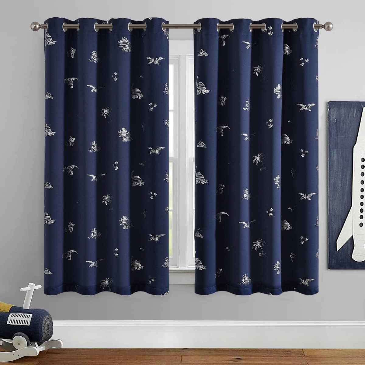 Vangao Kids Curtains Navy Blue Blackout Dinosaur Curtains for Boys Kids Nursery Girls Room Silver Dino Foil Print Thermal Insulated Drapes Grommet Top Window Treatments 63 Inches Length 2 Panels