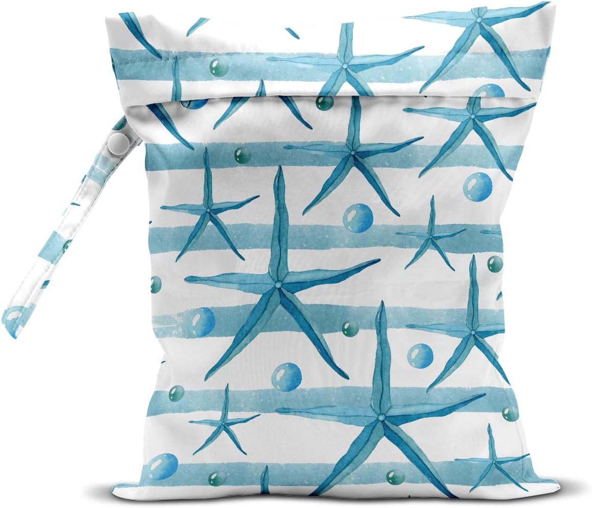 Wet Dry Bag for Swimsuit, Travel, Beach, Pool, Diapers, Dirty Yoga Gym Clothes, Makeup, Waterproof Reusable Beach Bag with Ocean Decor Starfish Sea Horse Anchor