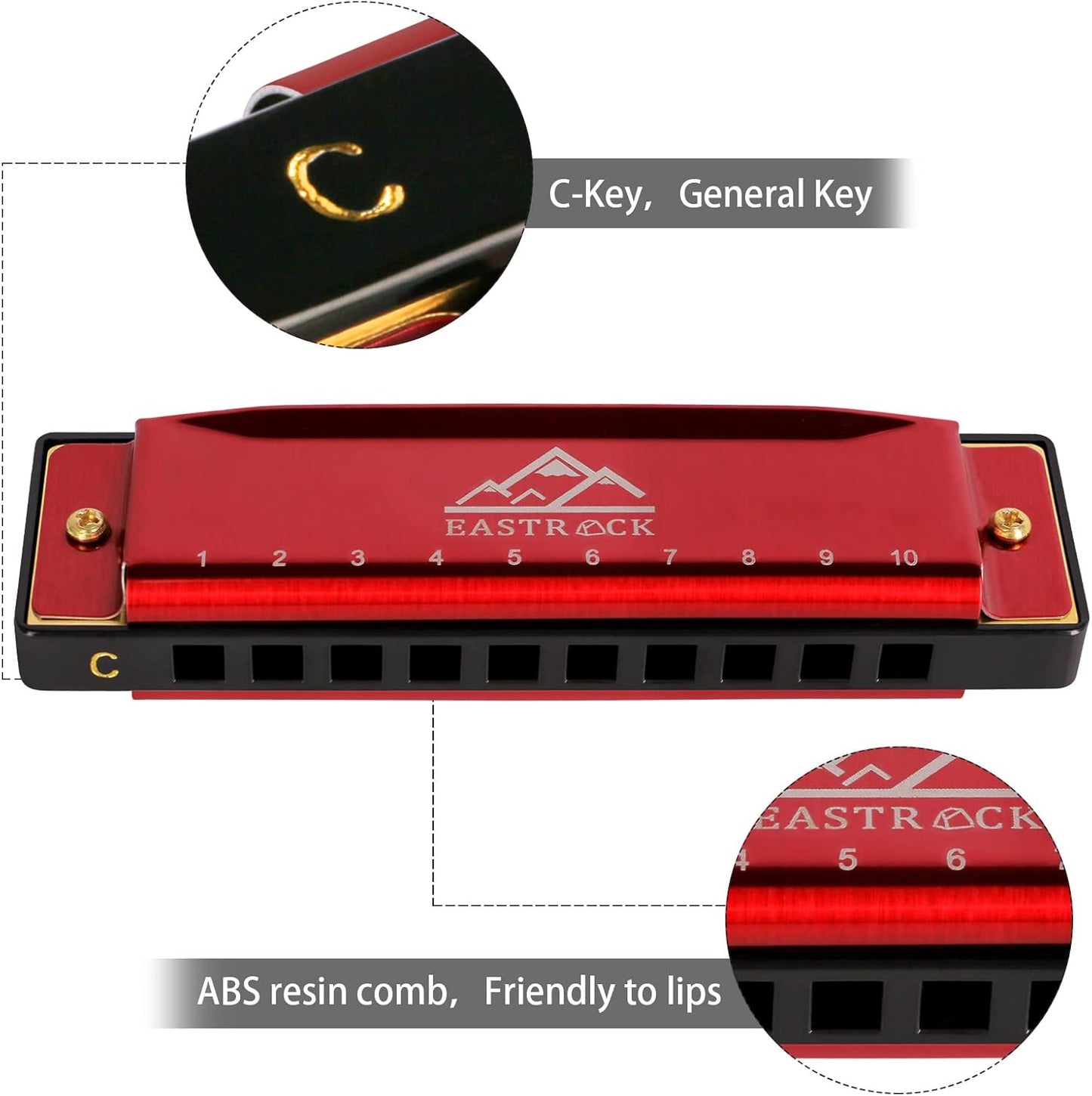 EastRock Blues Harmonica 10 Hole C Key with Case, Mouth Organ Harp, Diatonic Harmonica for Beginner, Adult, Kids, Professional, Students, Friends, Gifts (Red)