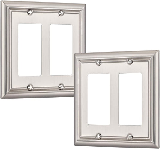 DEWENWILS Double Decorator Wall Plates, Brushed Nickel Outlet Covers, Metal Face Plates for Electrical Outlets, GFCI, Dimmer Switch, 2-Pack