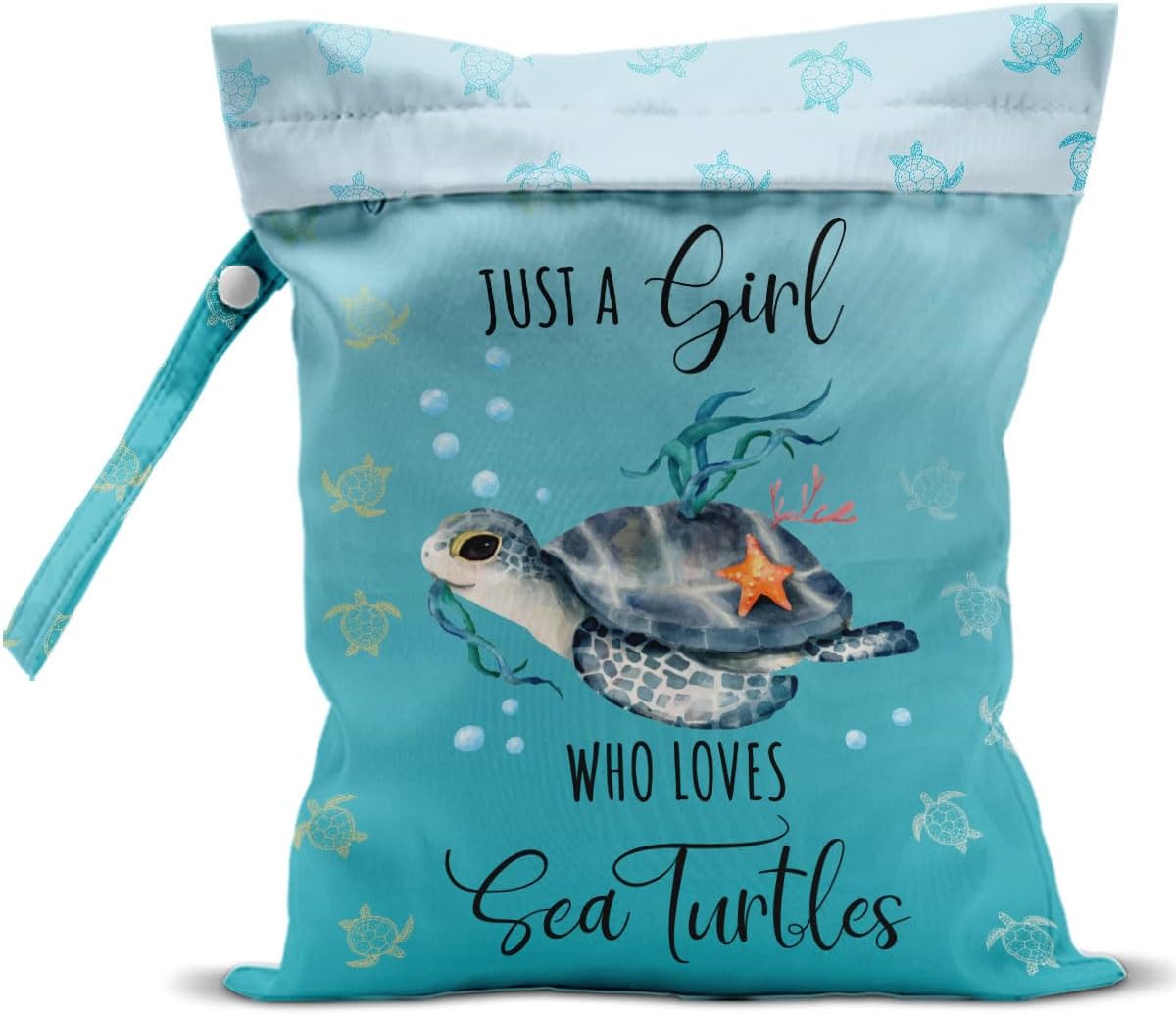 Waterproof Wet Bag for Swimsuit, Travel Beach Wet Dry Bag, Hidden Zipper Reusable Baby turtle Wet Bags, for Travel Beach Wet Swimsuits Toiletries Diapers Dirty Gym Clothes Laundry Bag