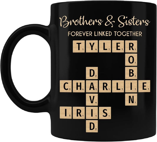 Trending Custom Brothers & Sisters Forever Linked Together Personalized Mug Brothers Sisters Crossword Puzzle Art Mug, Gift For Brothers, Sisters, Siblings, Family Member on Birthday Christmas